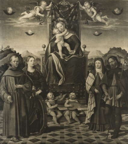 Sansoni, Mario — Francesco da Santacroce - sec. XVI - Madonna con Bambino in trono tra san Francesco d'Assisi, santa Caterina d'Alessandria, santa Chiara (?) e san Rocco — insieme